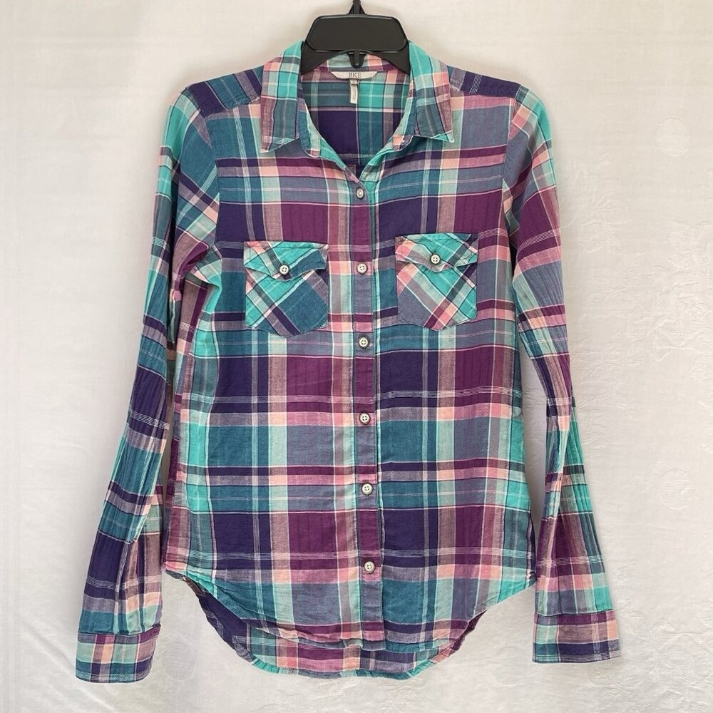 Buckle BKE Womens Small Fitted Button Up Eased Long‎ Sleeve Plaid Shirt Cotton